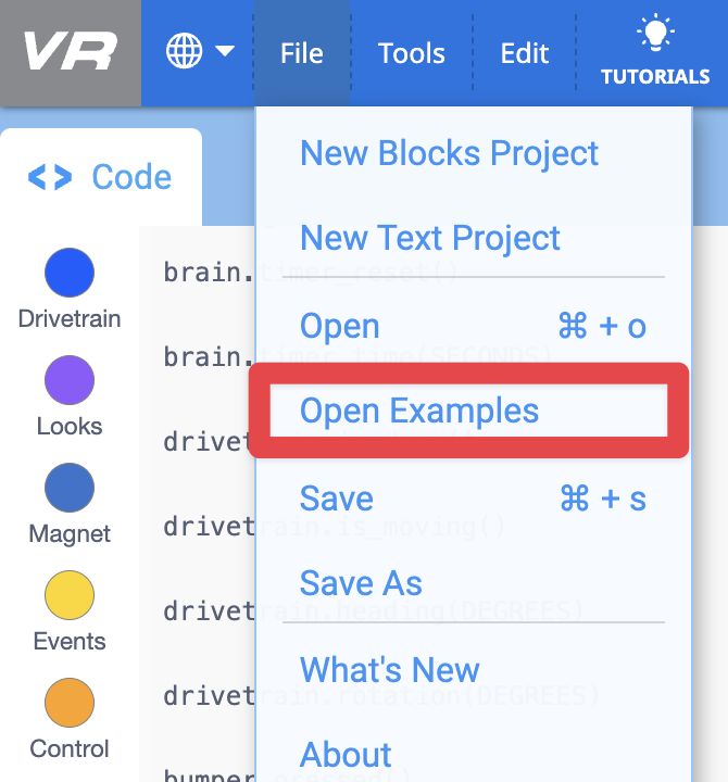 File menu in VEXcode VR open. A red box is on the fourth option from the top of the list that reads 'Open Examples.'