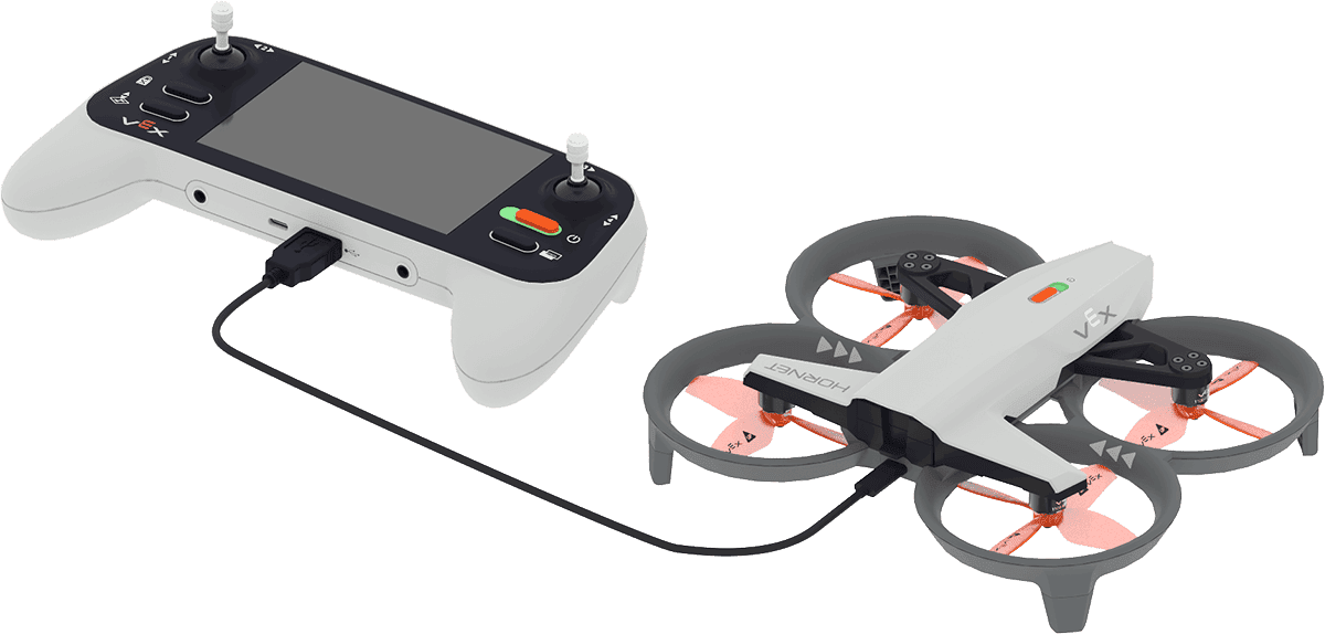 Drone and Controller connected with a USB c cable.
