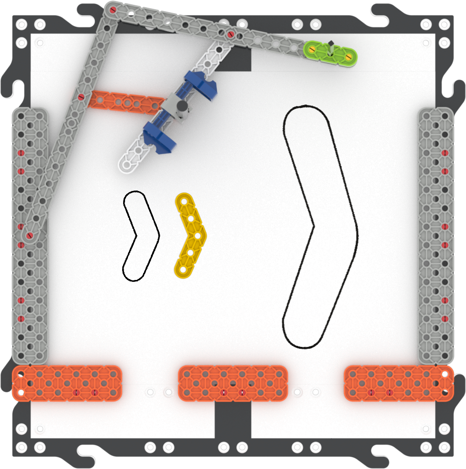 প্যানটোগ্রাফের টপ ডাউন ভিউ, একটি ভেক্স গো টুকরা যা ট্রেস করা হয়েছে এবং পাশে একটি বৃহত্তর স্কেল করা সংস্করণ ।
