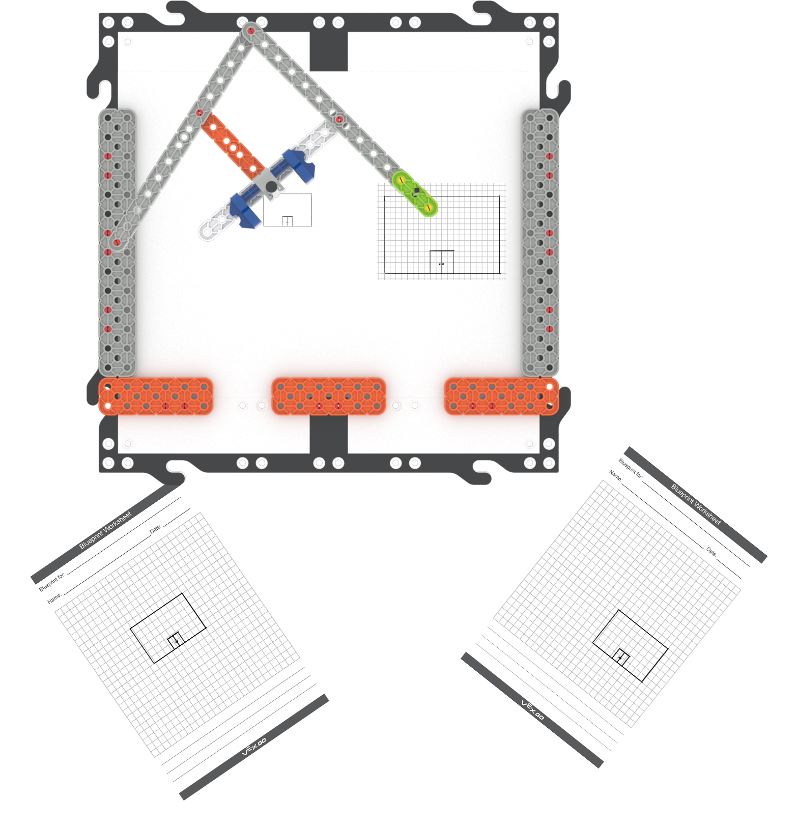 താഴെ പകർത്തിയ രണ്ട് ഡ്രോയിംഗുകളുള്ള പാന്റോഗ്രാഫിന്റെ മുകളിൽ നിന്നുള്ള കാഴ്ച. പാന്റോഗ്രാഫിൽ ഒരു സ്കൂൾ ഔട്ട്‌ലൈൻ കണ്ടെത്തിയിട്ടുണ്ട്, അത് പാന്റോഗ്രാഫ് വശത്തേക്ക് വരച്ച ഒരു ചെറിയ സ്കെയിൽ പതിപ്പും ഉണ്ട്. താഴെയുള്ള രണ്ട് ഡ്രോയിംഗുകൾ ഓരോ ടീം അംഗത്തിനും ഉപയോഗിക്കുന്നതിനായി സ്കൂൾ രൂപരേഖയുടെ ചെറിയ പകർപ്പുകളാണ്.