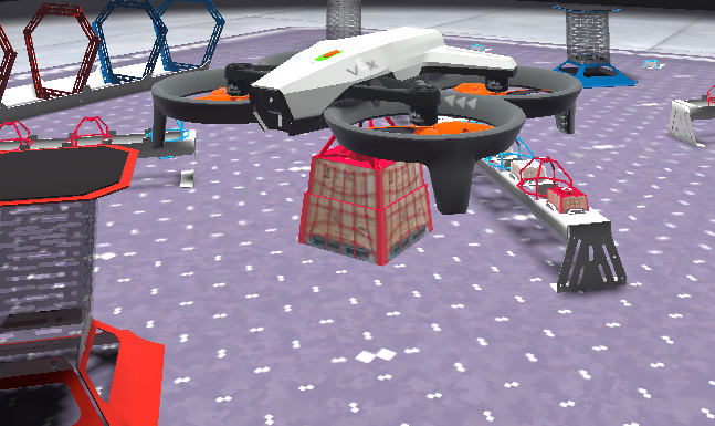 A screenshot of the drone holding cargo above the pickup point on the Competition layout in the VEX AIR Flight Simulator.