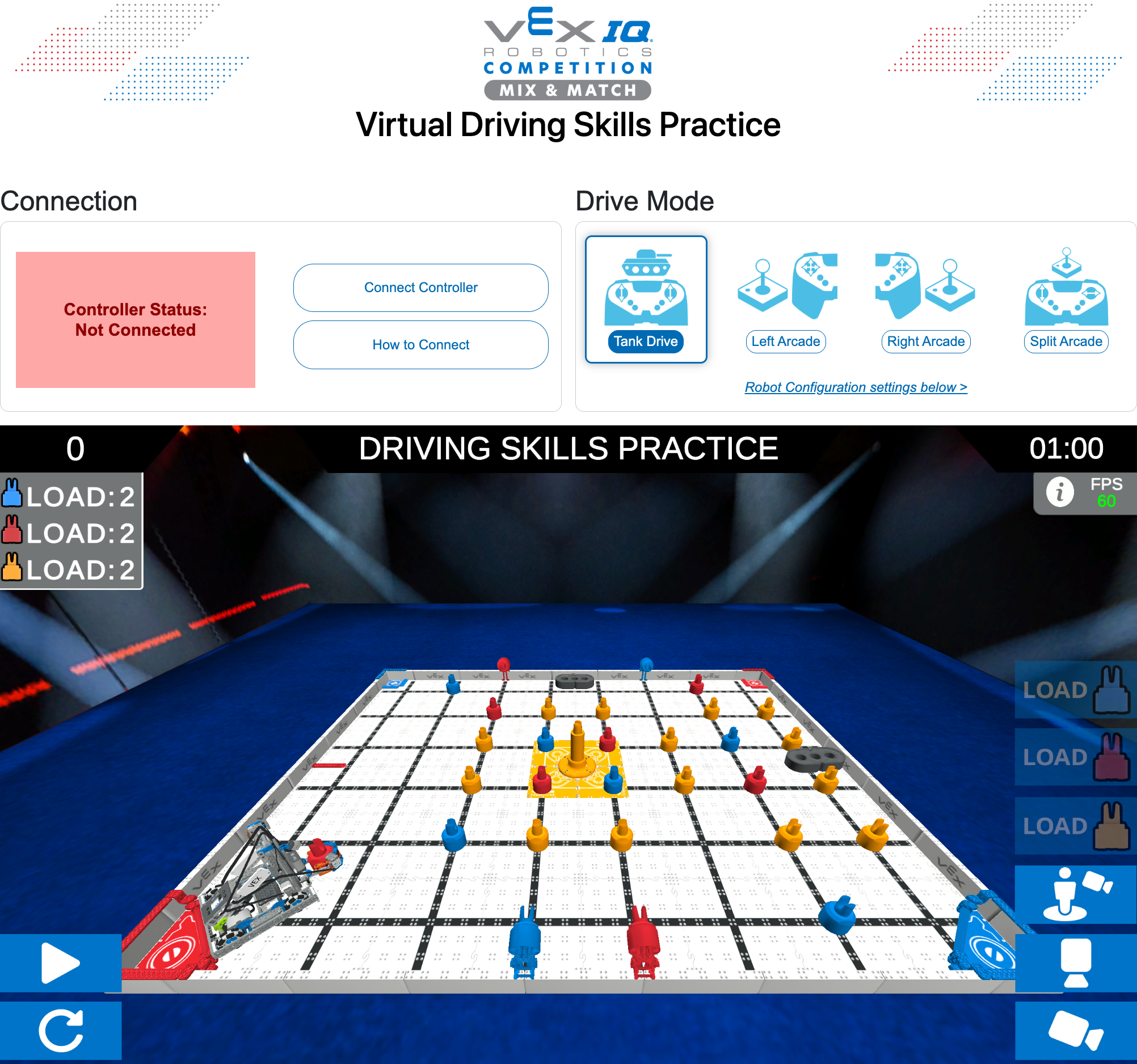 VIQRC virtual driving skill webpage. Homepage showing the drive mode options and the field at the start of a match.
