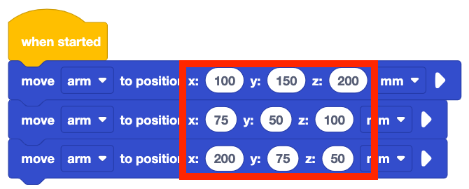 VEXcode EXP blocks project with the position input fields highlighted. The project reads When started, move arm to position x 100 y 150 z 200 mm, move arm to position x 75 y 50 z 100 mm, and finally move arm to position x 200 y 75 z 50 mm.