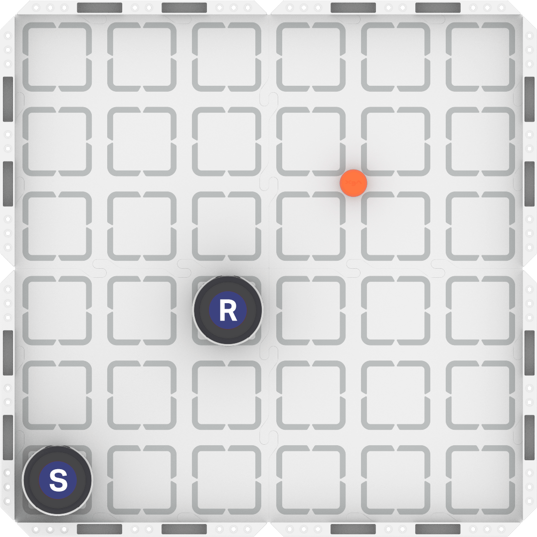 A square shaped VEX AIM Field with an AIM Robot labeled with the letter S in the lower right corner, and an AIM robot labeled with the letter R in the square that is three rows up and three rows over from the left. An orange barrel is placed diagonally one square away from Robot R.
