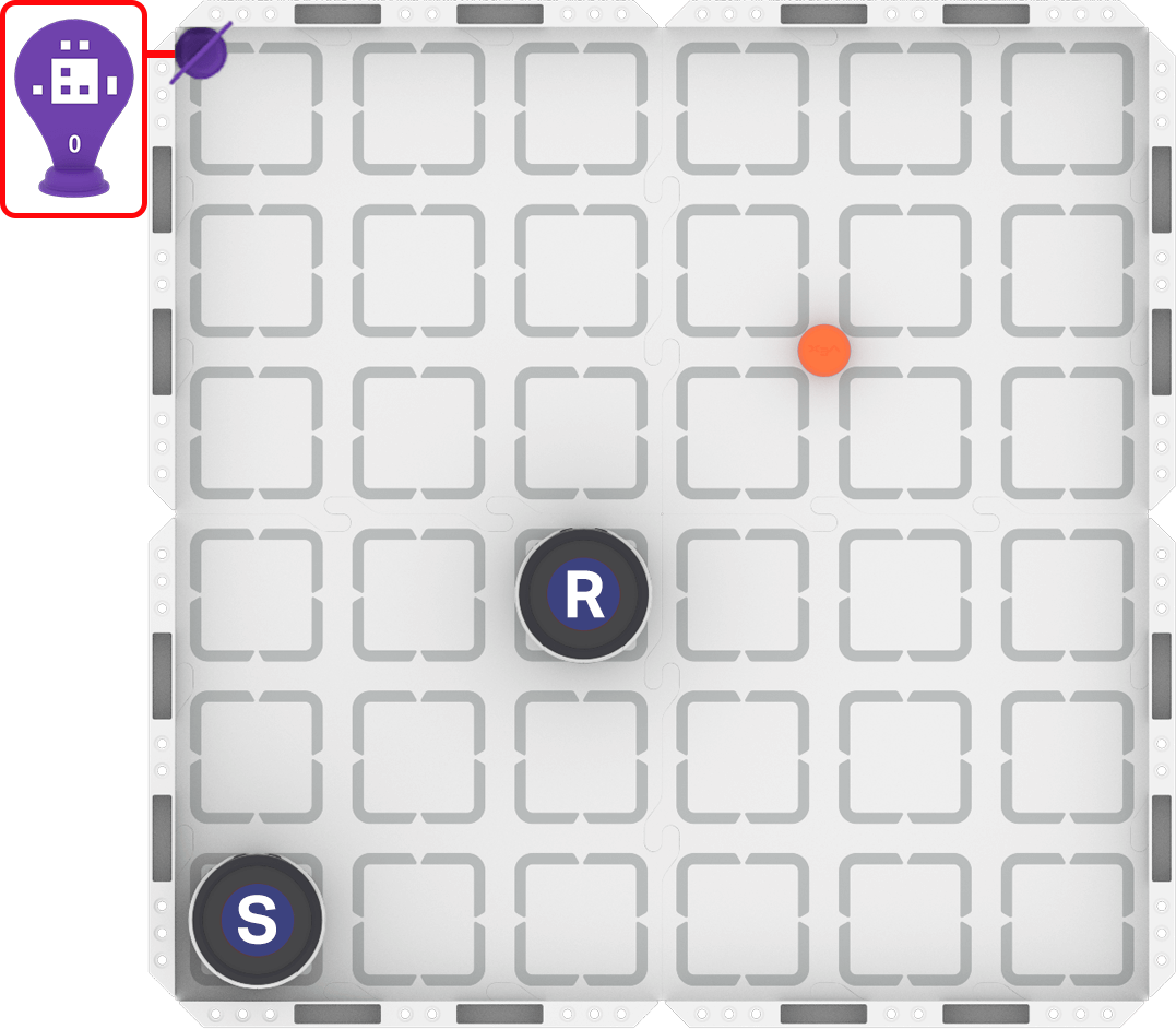 A VEX AIM Field is set up with an AIM Robot in the bottom left corner. This robot is Labeled with the letter S. Another robot is placed three rows up from the bottom, on the third square from the left field wall. This robot is labeled R. An orange barrel is placed diagonally one square away from Robot R. AprilTag 0 is placed in the upper left corner, facing the center of the field.