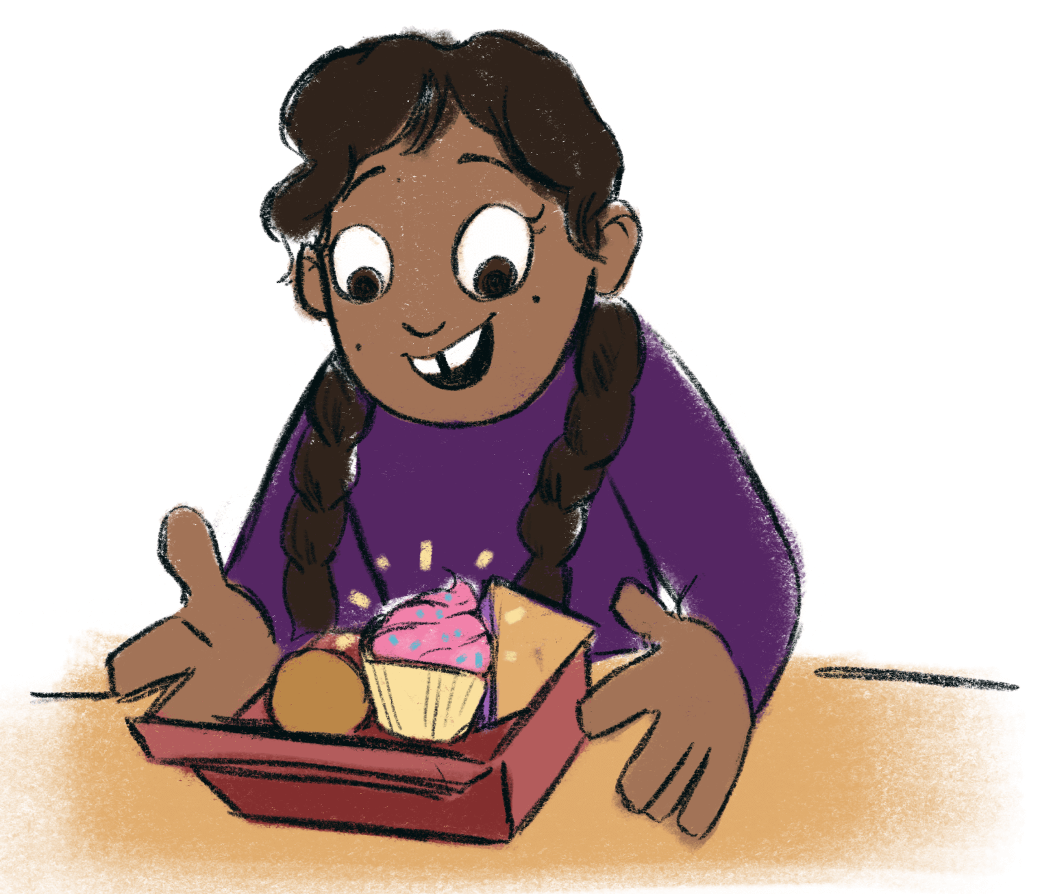 Illustratie van een klein meisje dat haar lunchbox aan tafel opent en een roze matte cupcake met hagelslag naar haar ziet stralen.
