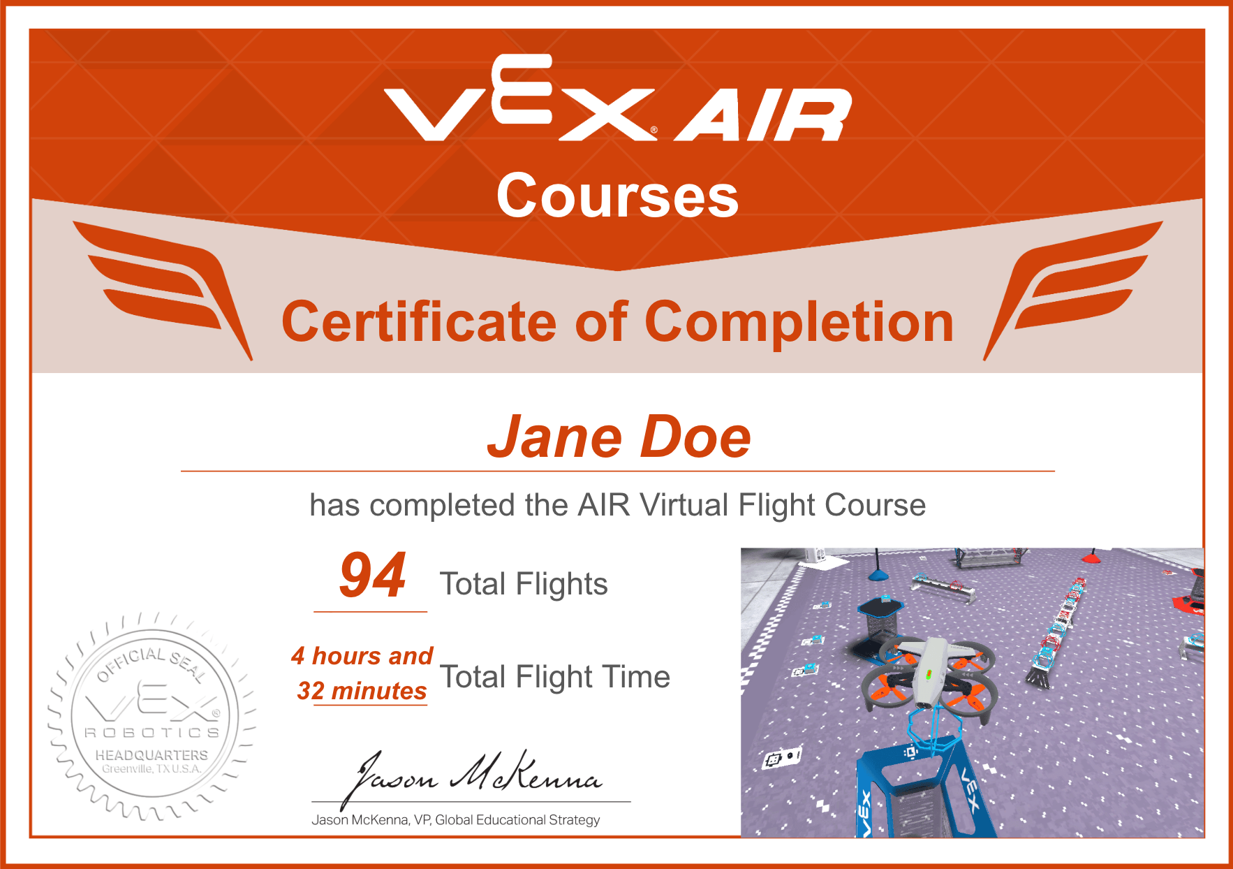 Sample certificate that shows Jane Doe completed the course with a total of 96 flights and a total time over 4 hours in the simulator.