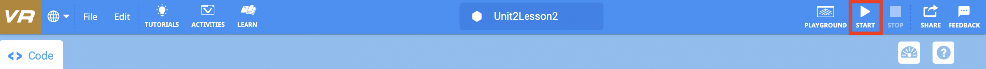 রোবট এবং স্টেপ আইকনগুলির মধ্যে একটি লাল বাক্সে স্টার্ট বোতাম সহ VEXcode 123 টুলবার ডাকা হয়েছে ।