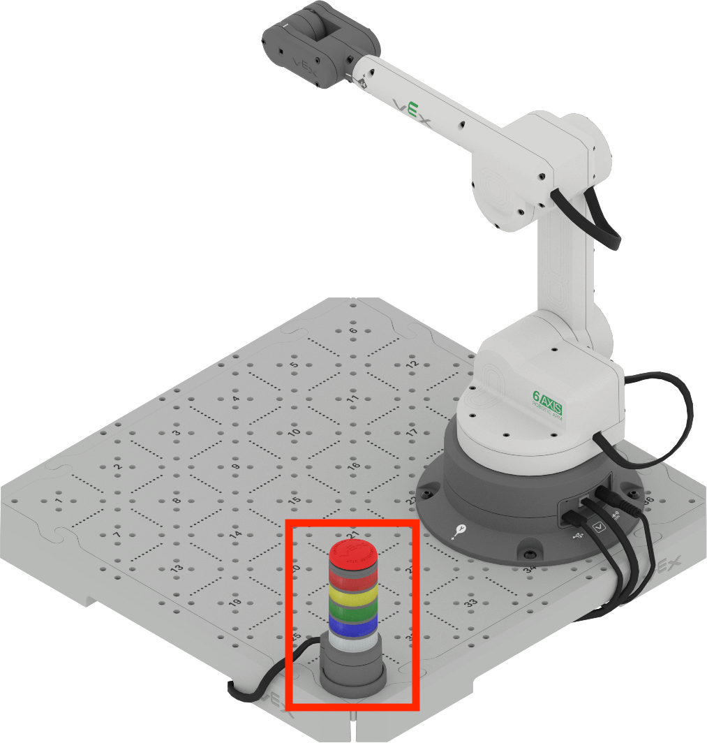 CTE Workcell setup with platform, Signal Tower, and 6-Axis Arm. The Signal Tower is highlighted in a red box.