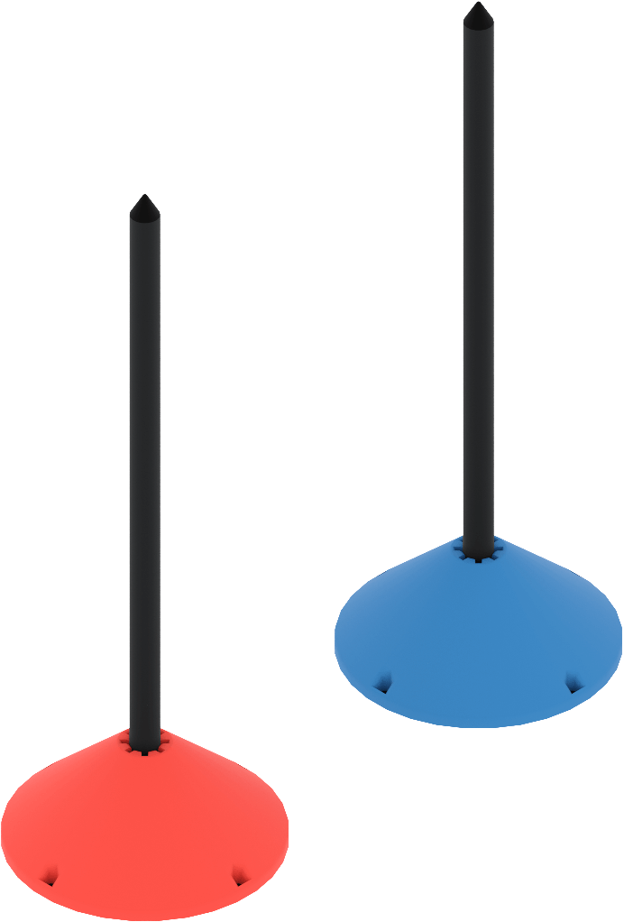 Red and blue Poles, each is a tall black stake with a pointed top sitting in a blue or red conical base.