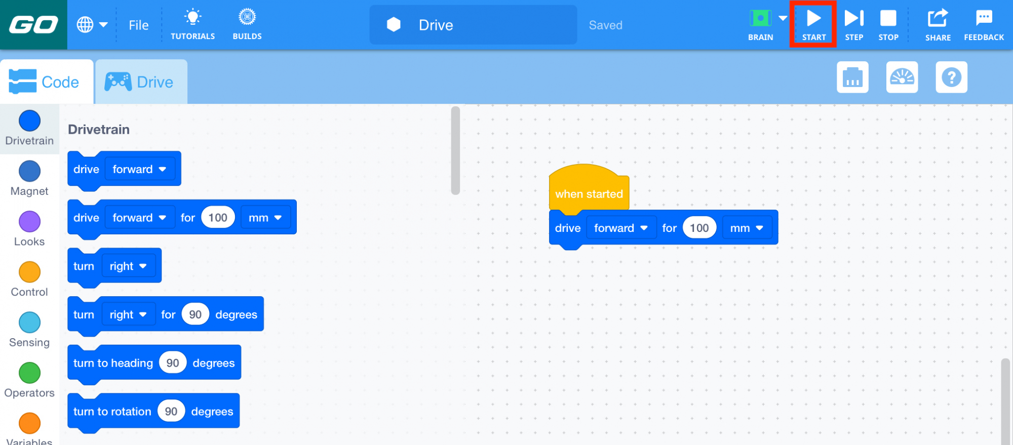VEXcode GO Toolbar with the Start button called out in a red box, in between the Brain and Step icons.
