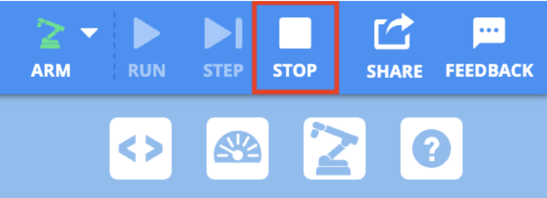 Top right of the VEXcode toolbar with a callout on the Stop button. This is the fourth button from the top left and is between the Step and Share buttons.