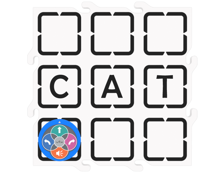 Top down view of the 123 Robot on a 123 Field Tile with the word CAT written on the tile with each letter in its own square. The Robot is in the bottom left corner and the word CAT is written in the middle row above the Robot.