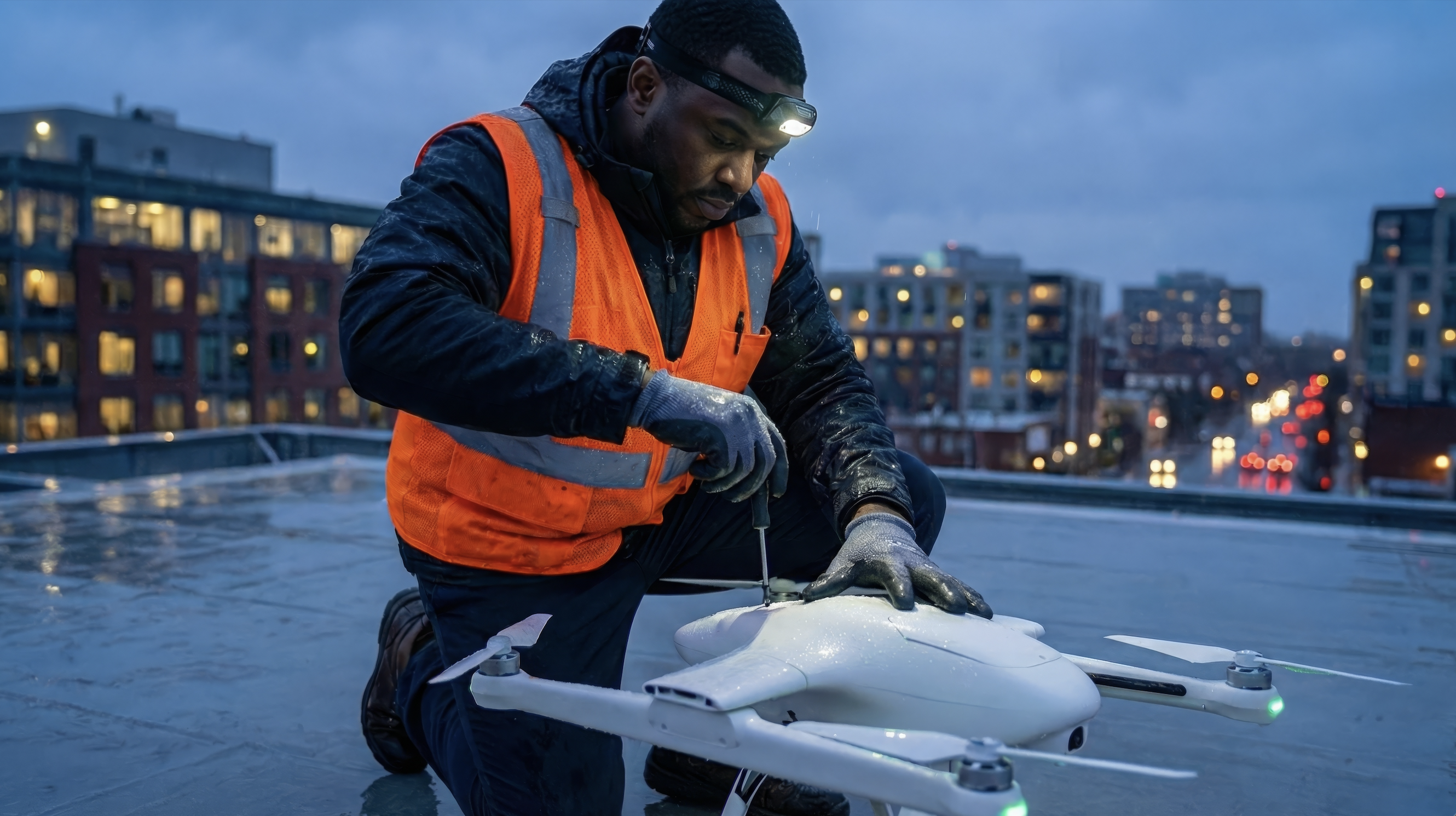 A drone pilot with an orange safety vest and headlamp, uses a screwdriver to tighten a screw on the back of a drone, kneeling down on the flat rooftop of a building in an urban area.