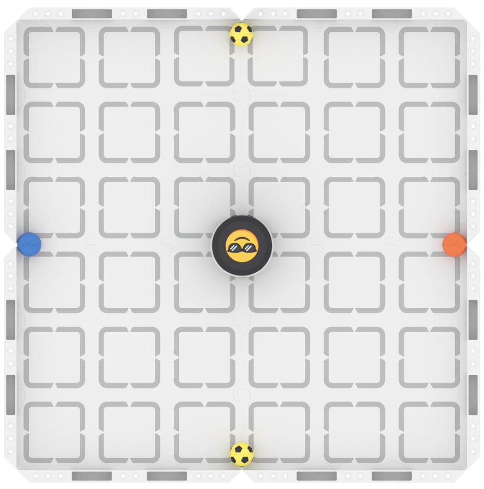 Top down view of the field with the robot in the center. Directly opposite the robot at the North edge of the field is a sports ball, to the robot's right at the East edge of the field is an orange barrel, behind the robot at the South edge of the field is another sports ball, and to the robot's left, at the West edge of the field is a blue barrel.