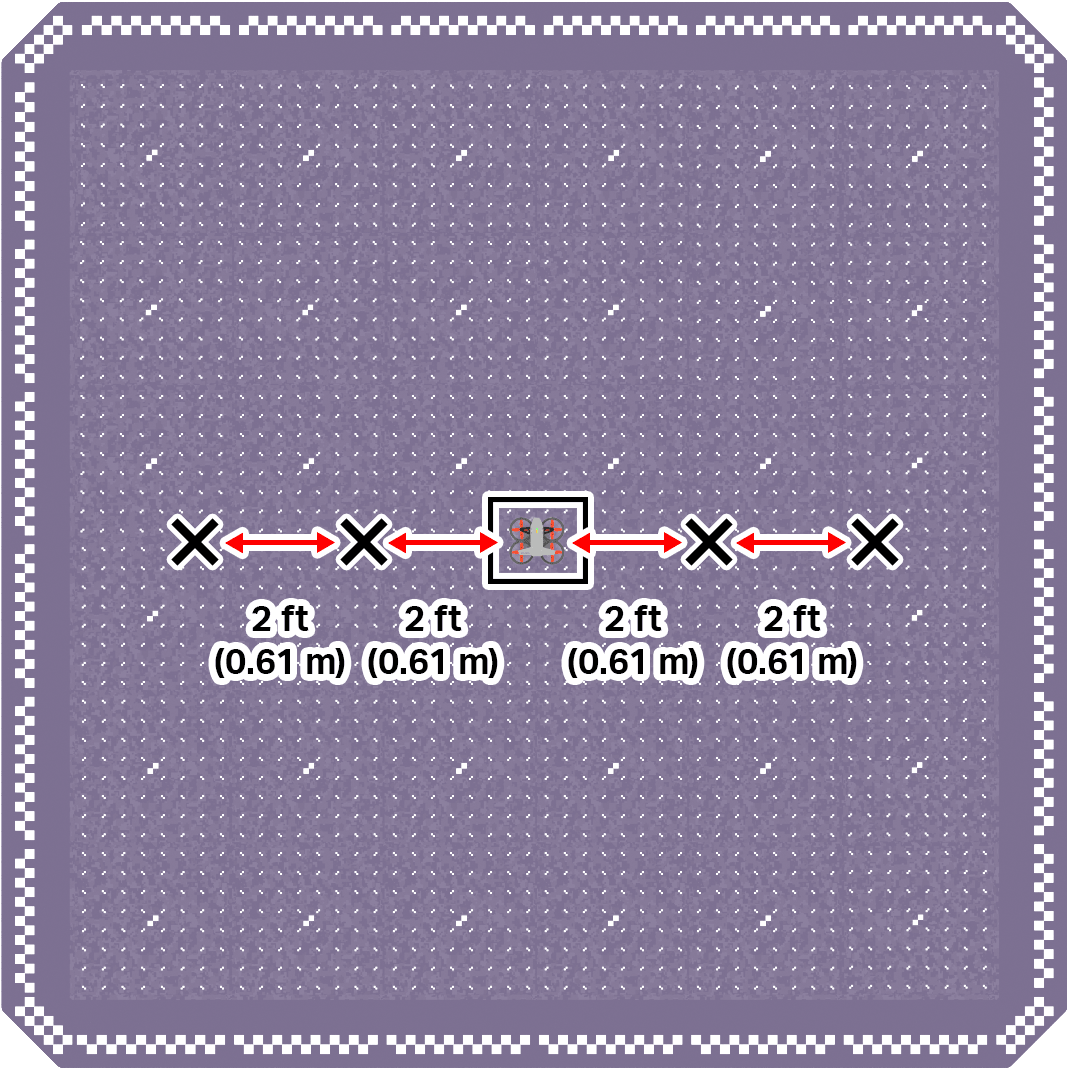 The VEX AIR Drone positioned in the center of a field with two red diamonds directly to the left of the drone, and two red diamonds directly to the right of the drone.