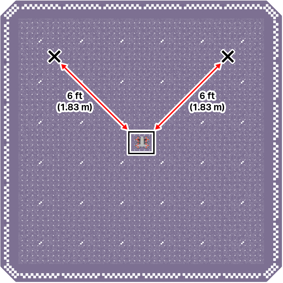 A top down view of the flight area showing the drone in the lower center, the orange diamonds markers diagonally to the front left and front right of the drone.