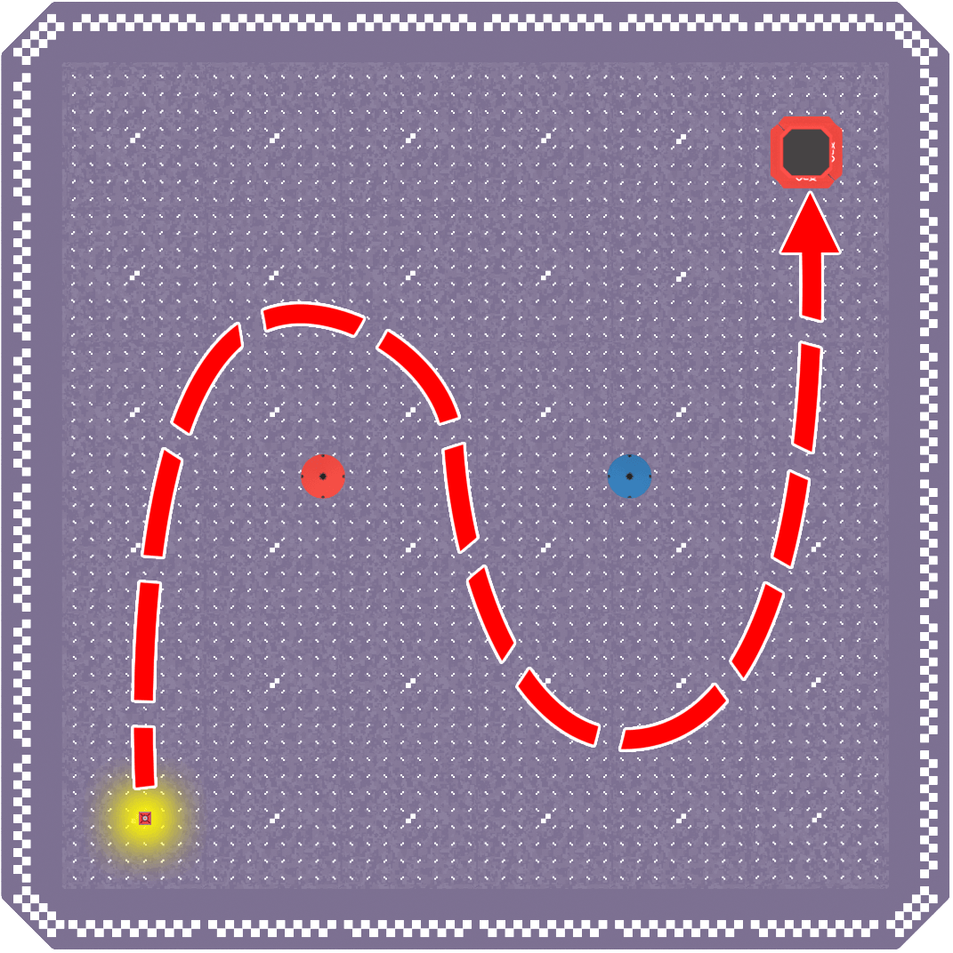 The same top down setup image with a dotted line path that goes up from the cargo, curves around the first obstacle, goes diagonally down toward the lower right corner, curves up around the second obstacle, and straight up to end at the drop off zone.