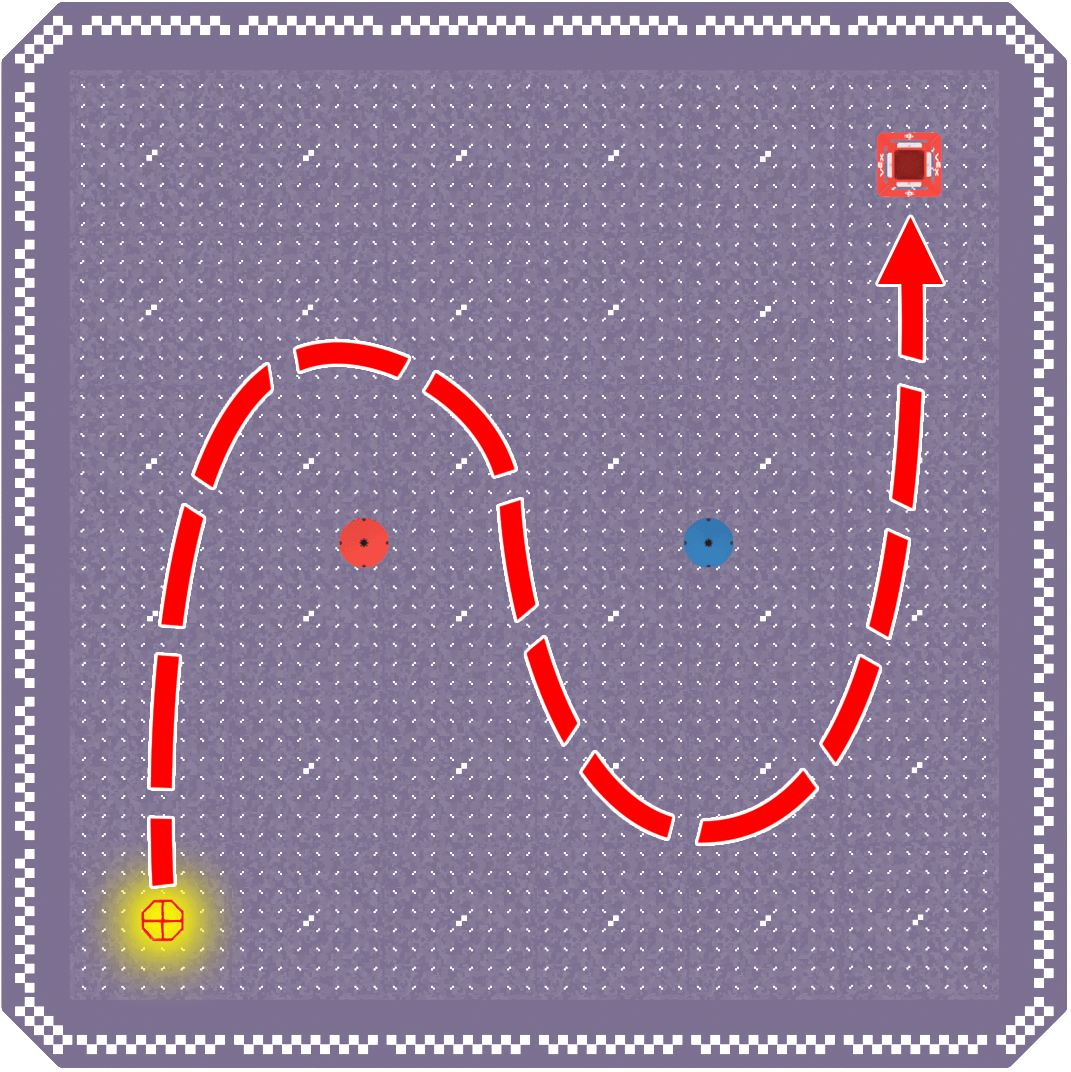 Layout of the flight area for this mission with a dotted line to indicate the path of the drone around obstacles creating an N shape.