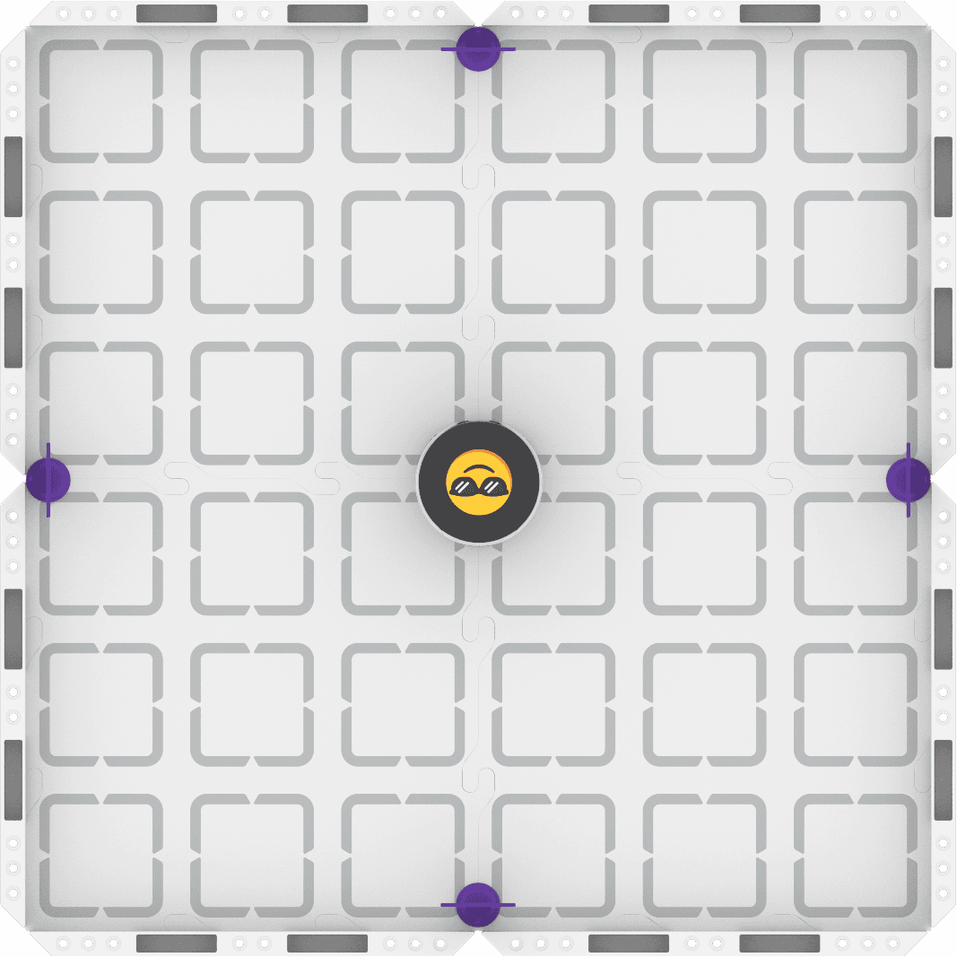 Top down image of a field with a robot in the center. One april tag is against each of the four walls in the center.
