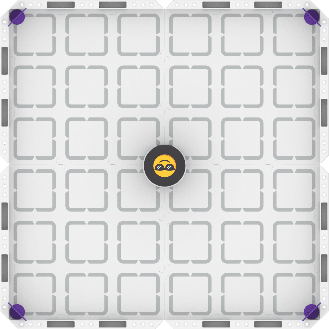 A top down view of the field with the robot in the center facing upwards. An AprilTag is placed in each corner of the field.