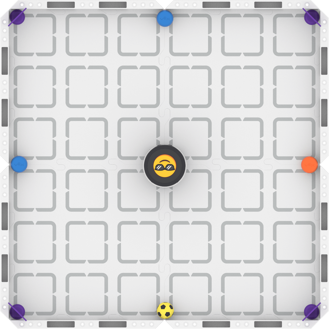A top down image of the field with the robot in the center, facing the upper wall. Directly opposite the robot, at the 12:00 position against the wall, is a blue barrel. Moving clockwise around the field edges are the following: An AprilTag in the upper right corner, an orange barrel at the 3:00, an AprilTag in the lower right corner, a sports ball at 6:00, an AprilTag in the lower left corner, a blue barrel at 9:00, and an AprilTag in the upper left corner.