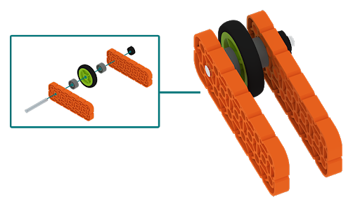 Diagram of the Simple Wheel Axle Build that uses a wheel in between two long beams to show how it can spin freely on an axle using drive shafts and bearings.