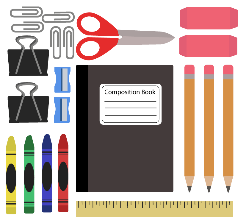 Example drawing of various classroom objects, including paper clips, binder clips, scissors, erasers, crayons, a notebook, and pencils.