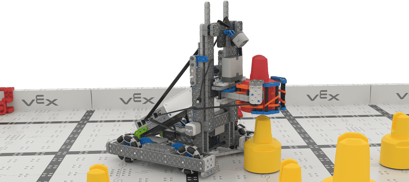 A side view of the Hero Bot holding a red Pin above a yellow Pin on the field, about to place it into a stack.