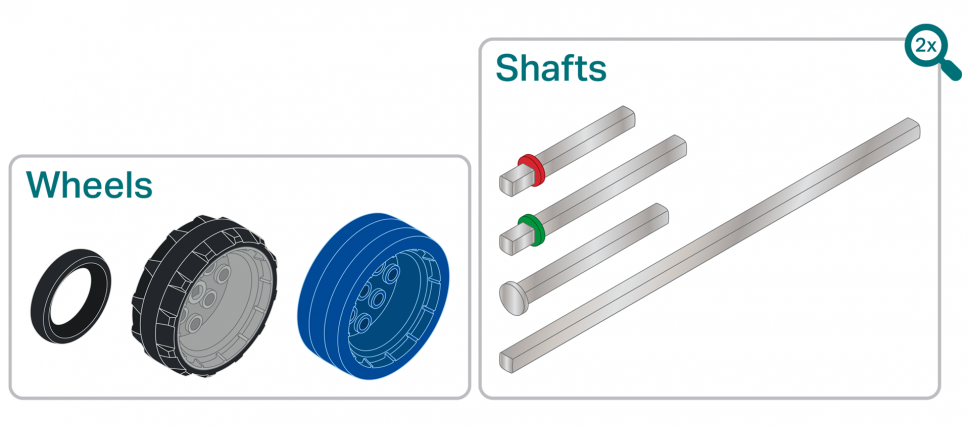 VEX GO categories poster displaying two types of VEX GO pieces: wheels and shafts.