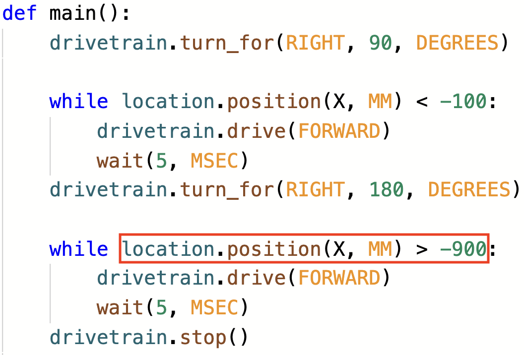 Project created in the previous step with a red box around the second 'location position' command to draw attention to the greater than operator. 