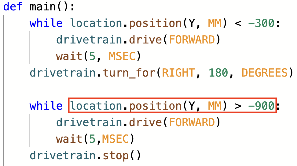 Project created in the previous step with a red box around the second 'location position' command to draw attention to the greater than operator. 