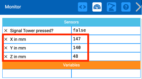 Monitor Console in VEXcode EXP. A table shows the values of the x,y,z, coordinates in millimeters. There is a red callout box around them.