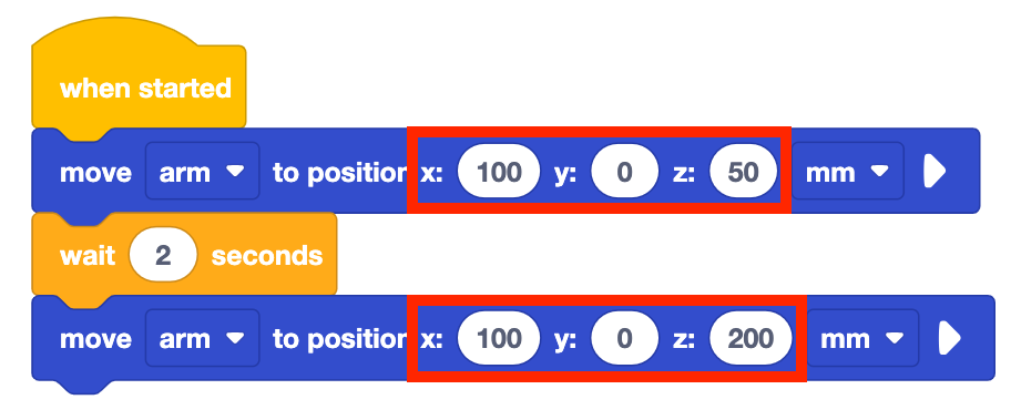 VEXcode EXP blocks project with the position inputs highlighted. The project reads When started, move arm to position x 100 y 0 z 50 mm, wait 2 seconds, and then move arm to position x 100 y 0 z 200 mm.