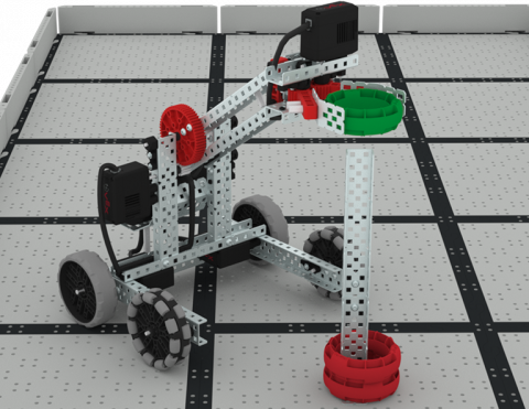 Clawbot holding a ring in its claw arm, ready to score it by placing it on a tall post.