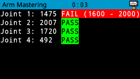 arm mastering project being run. The brain screen shows that Joint 1 is failiing