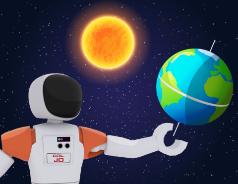 Colonel Jo pointing to the earth on its axis with the sun in the background