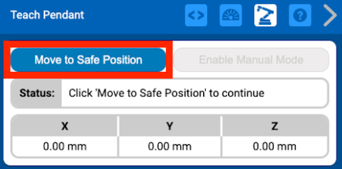 Image of the top of the Teach Pendant with 'Move to Safe Position' button highlighted