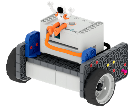 Astronaut with hands in the air sitting on top of the GO Code Base robot.