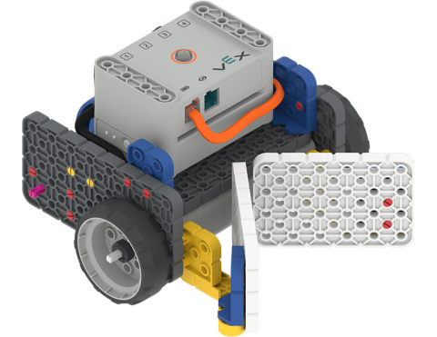 Side view of a Code Base robot with a plow attachment on the front made of two white plates.