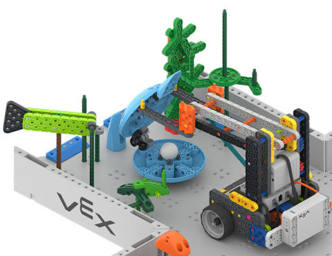 Close up view of the Competition Advanced robot lifting the lid of the clam shell on the Ocean Emergency field. 