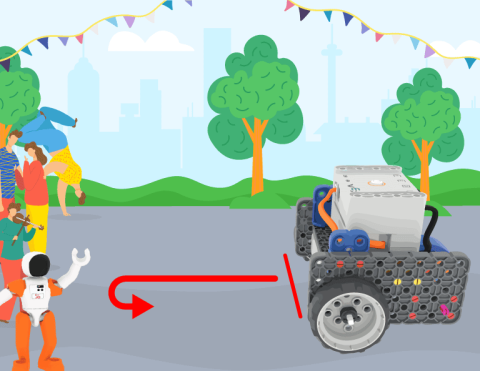 Colonel Jo waves to a Code Base on a parade route. In front of the Code Base is a red arrow, pointing directly away and turning to the left.