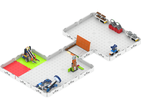 VEX GO Competition Advanced 2.0 Hero Bot on the green starting tile of the Village Engineering Construction Stage 3 Field..