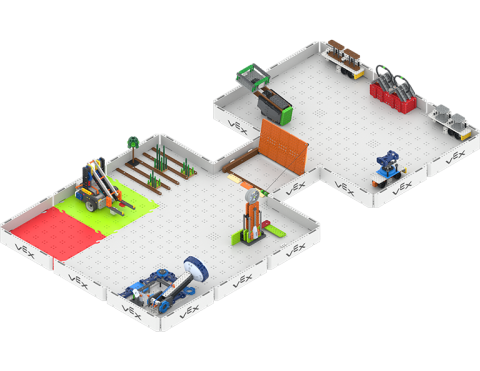 VEX GO Competition Advanced 2.0 Hero Bot on the green starting tile of the Village Engineering Construction Stage 4 Field.
