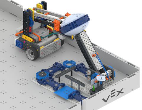 The Competition Advanced 2.0 Hero Robot lifts the water tower on the Village Engineering Competition Field.