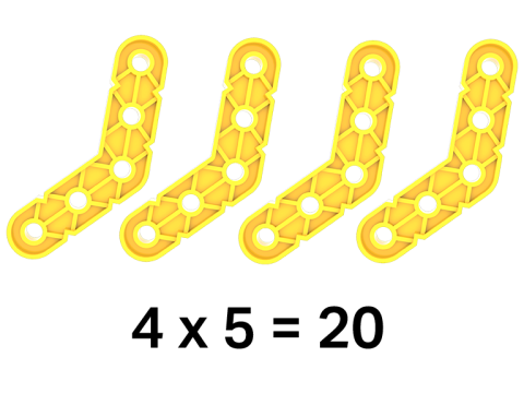 4 GO angle beams with the pin holes counted and multiplied. An equation below reads 4 times 6 = 24.