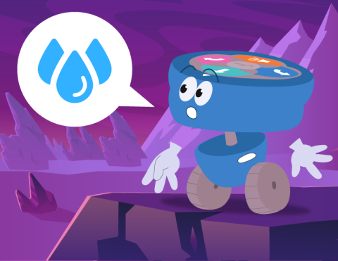 A 123 character looks surprised on an alien planet, and is announcing that water is detected.