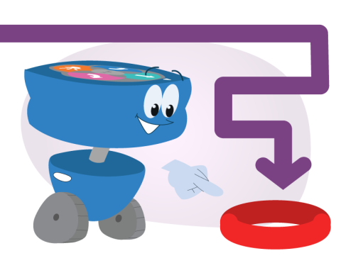 A 123 character points excitedly to a red ring on the ground beside it. Above its head a winding purple arrow path points to the ring.