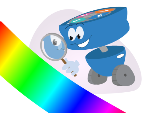 The 123 character looking curiously through a magnifying class at a spectrum of rainbow colors spread across its path.