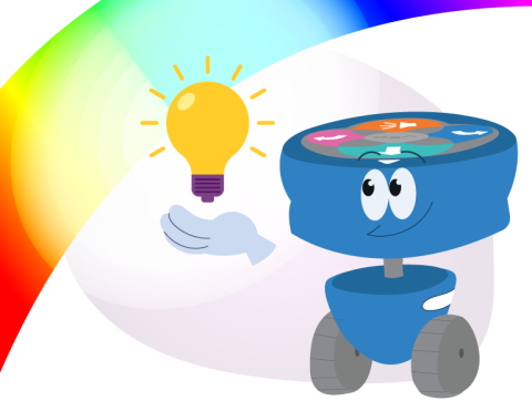 The 123 character looking proud, holding a lightbulb in its hand, shining over a spectrum of rainbow light above.